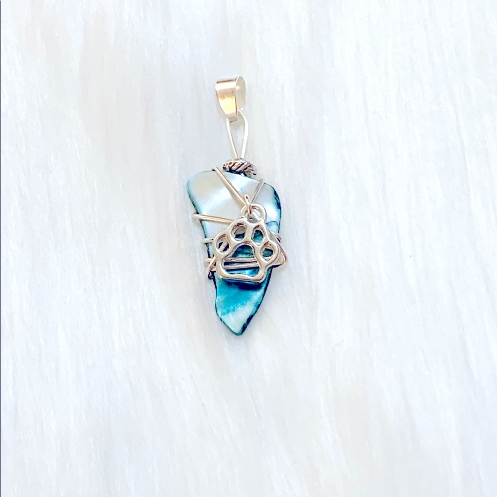 Wire Wrapped Blue Shell And Paw Pendant Necklace